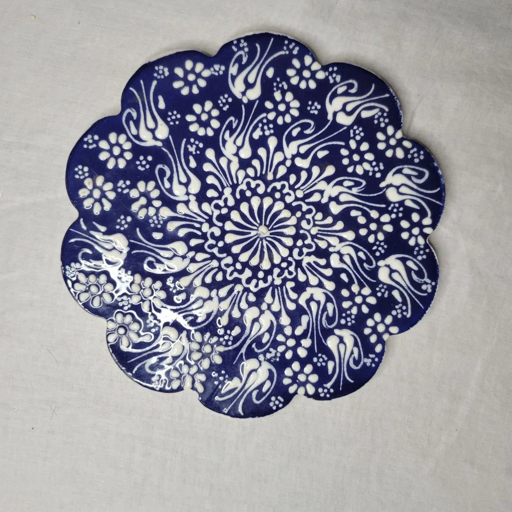 Aydin El Sanatlari Turkish Iznik Ceramic Trivet Blue White Floral 7 Inch Turkey